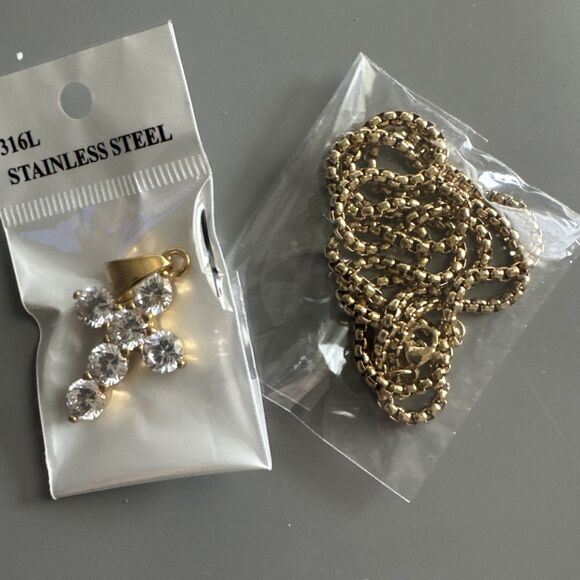 Cubic Zirconia Stainless Steel Cross Pendant Gift Trendy 24” Necklace Gold Tone - Picture 6 of 6